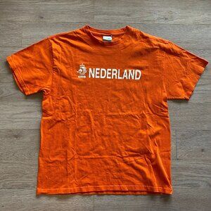 2000s Y2K NIKE KNVB Nederland Soccer Orange Graphic Tee Shirt Silver Tag